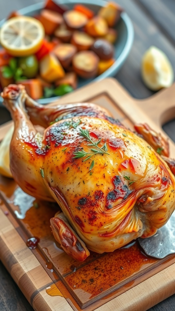 Oven-Baked Half Chicken Recipe Oven-baked half chicken with crispy skin and herbs, served with lemon wedges and roasted vegetables.